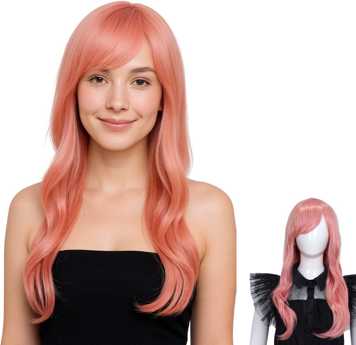 Joya Kids® Lange roze damespruik met pony en slag | Verkleedpruik volwassenen Lang Haar | Cosplay pruik zacht roze | Wasbaar | Glamour pruik Halloween Carnaval Accessoire